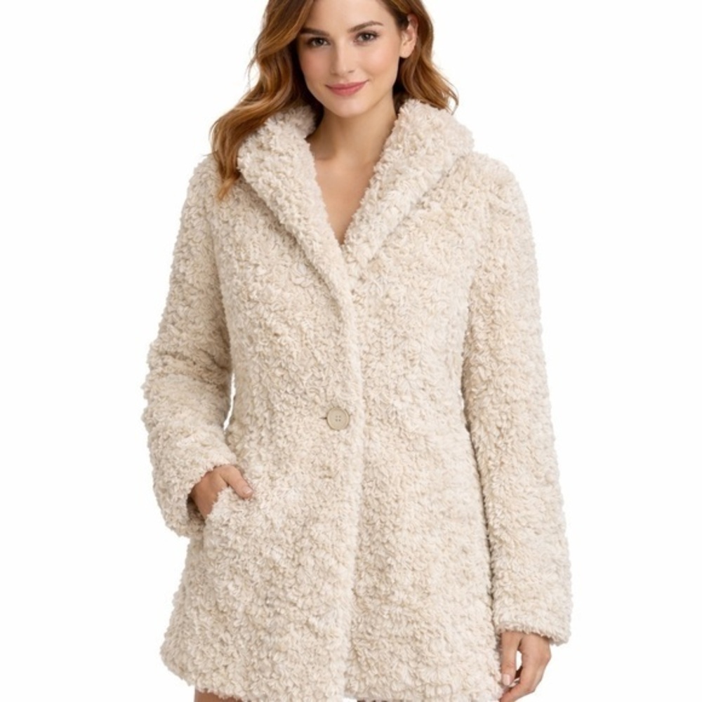 Philosophy Faux Fur Teddy Coat M Cream Long Soft Cozy Shaggy Jacket